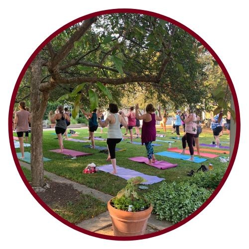 Women doing yoga in the sensory garden