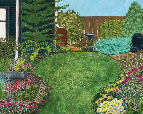 Drawing of a climate-ready garden by Artist Sarah Weeks.