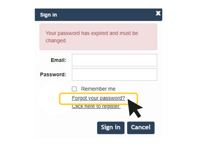 Yellow box around "Forgot your password" on the login screen 