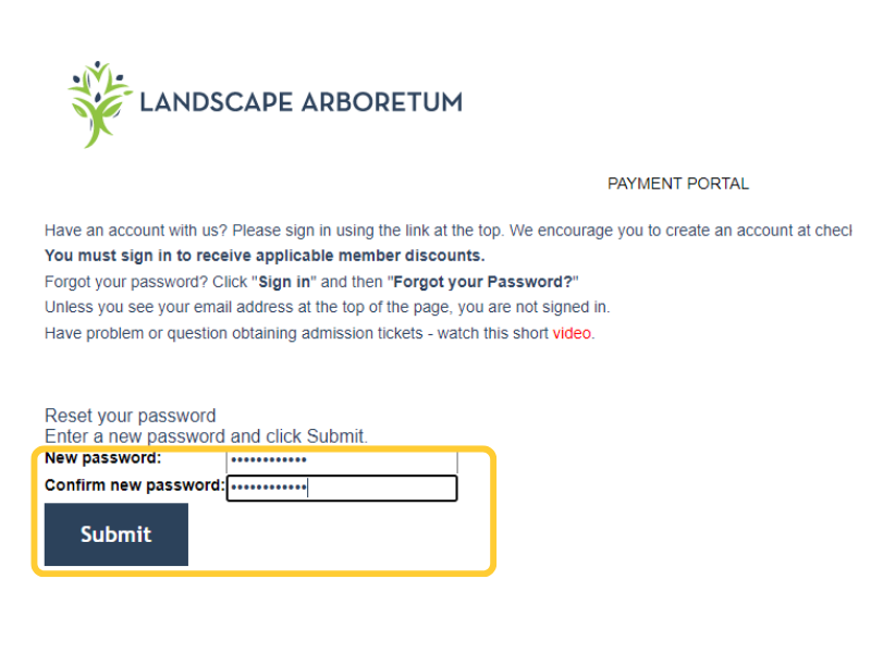 Yellow box around "Create new password" on the login screen 