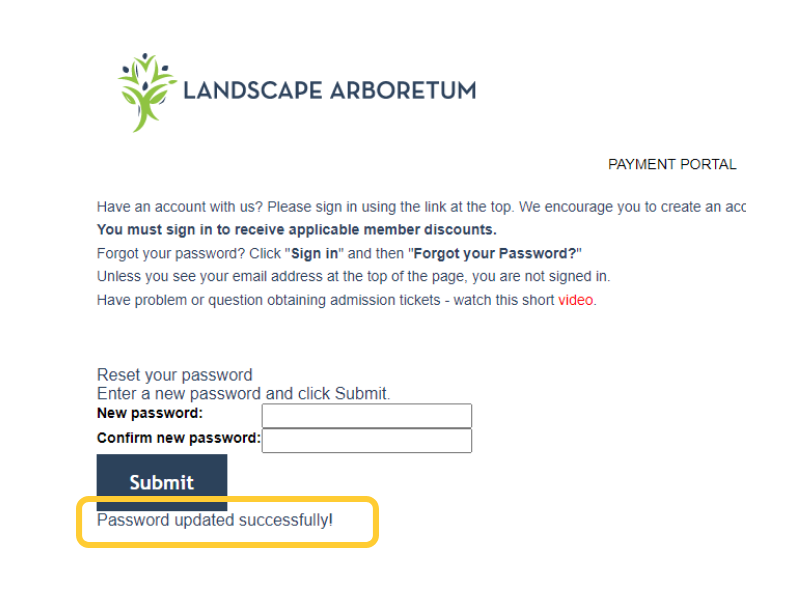 Yellow box around the password success message on the login screen 