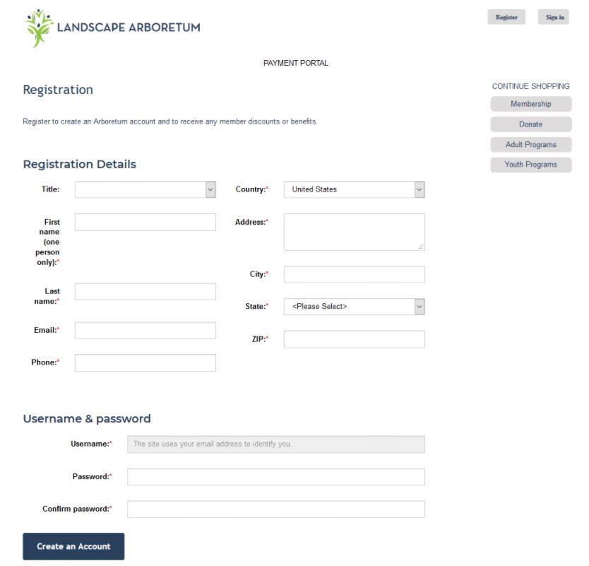 Registration screen with fillable boxes