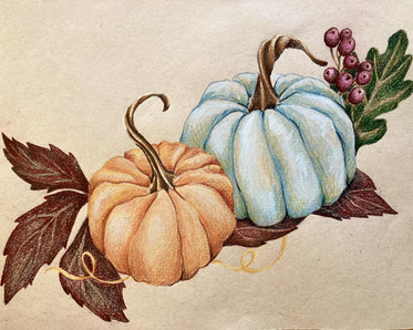 Pumpkin drawing in colored pencil by Instructor Aryn Lill.