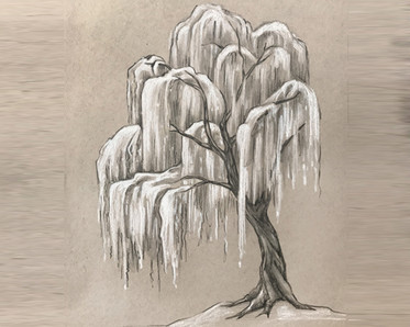 Snowy tree drawing by Instructor Aryn Lill.