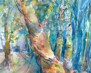 Fanciful forest watercolor painting by Instructor Sonja Hutchinson.