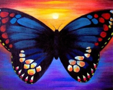 Acrylic painting of butterfly in blue, gold, and purple