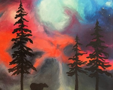 Acrylic painting of northern lights and trees