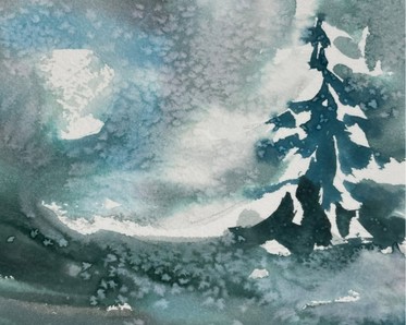 watercolor of tree and snow landscape