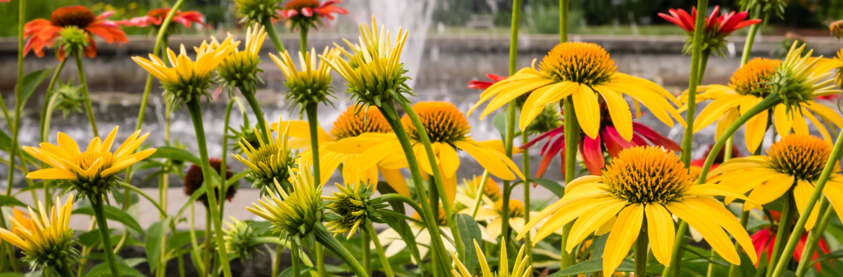 Yellow coneflowers in front of fountain