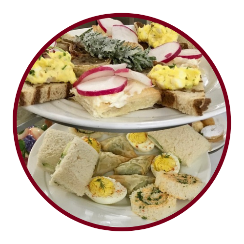 Tea sandwiches and eggs on a tiered tray