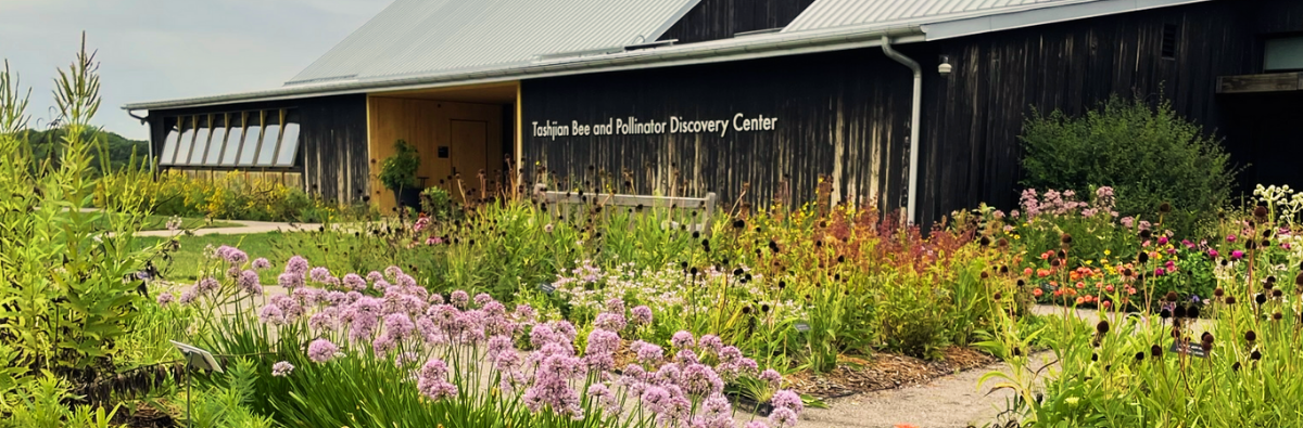 Front entrance of the Bee center with flowers