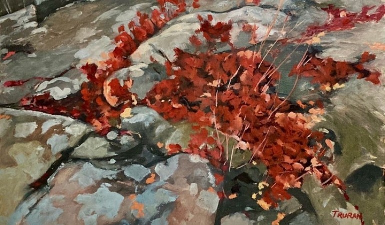 Truran painting with red plants and rock