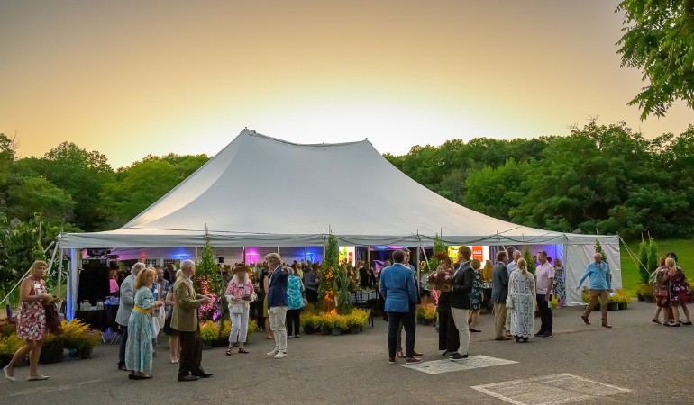 Gala tent in the sensory garden at sunset