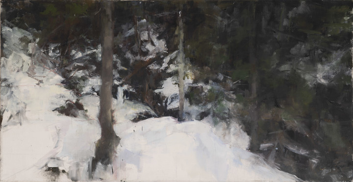 Oil painting of winter ridge with trees and snow