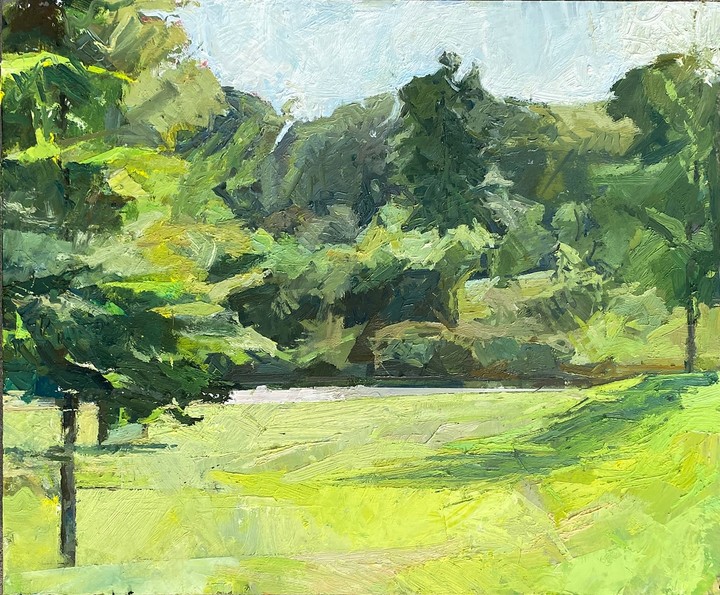 Painting of trees in old memorial park by Andrew Wykes.