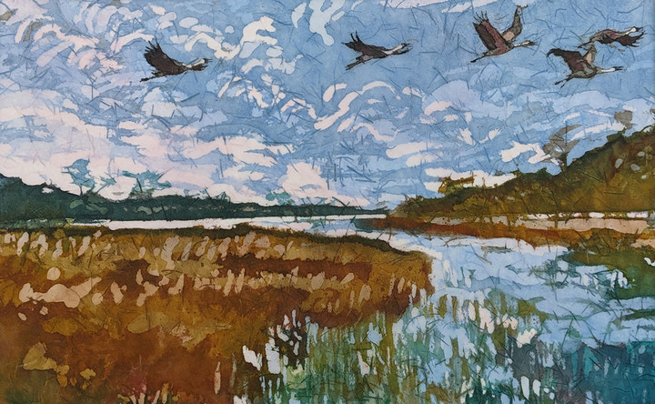 Painting of geese flying over a pond