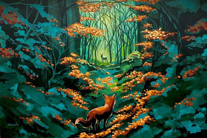 Forest acrylic artwork with a deer and fox
