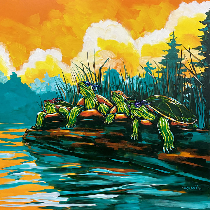 Turtles on a log acrylic artwork