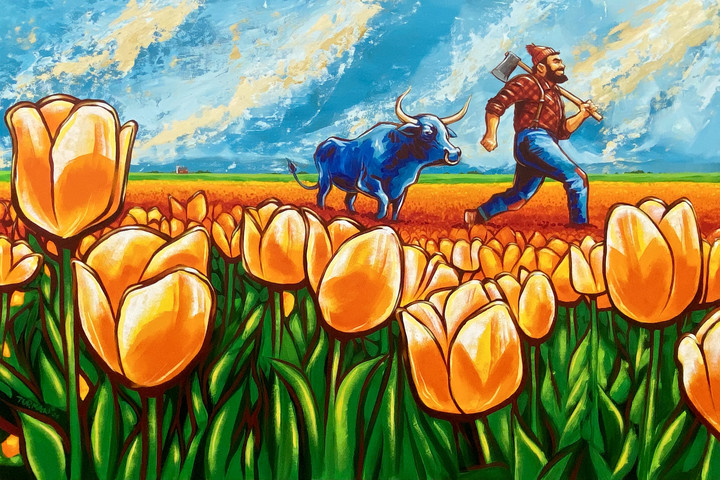 Orange tulips and paul bunyan acrylic painting