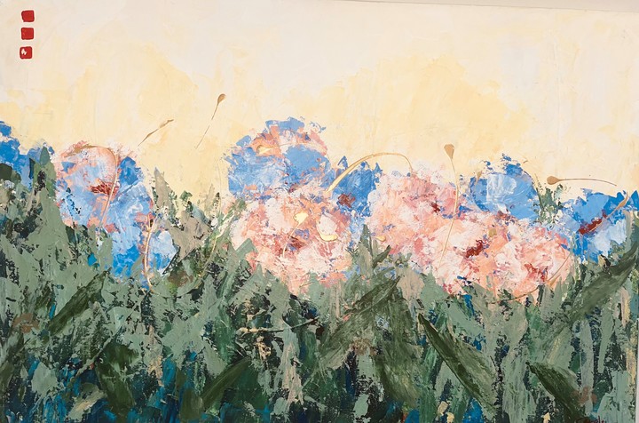 Blue and pink flower painting